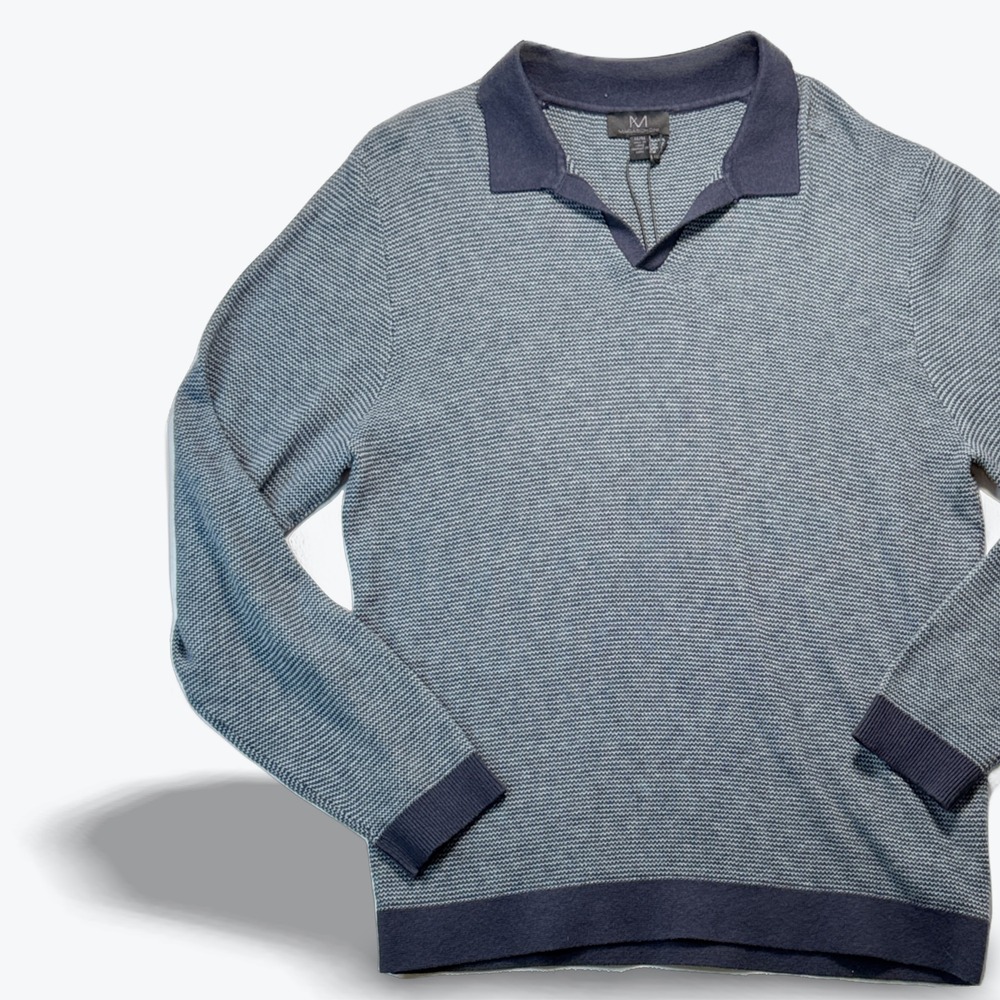 Magaschoni Sweater V Neck Long Sleeve Polo Mens Medium Blue Wool Blend NWT